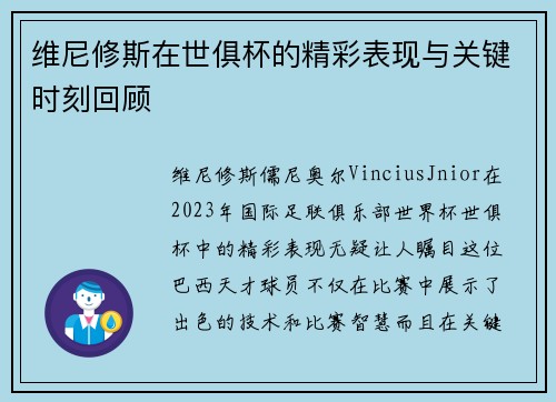 维尼修斯在世俱杯的精彩表现与关键时刻回顾